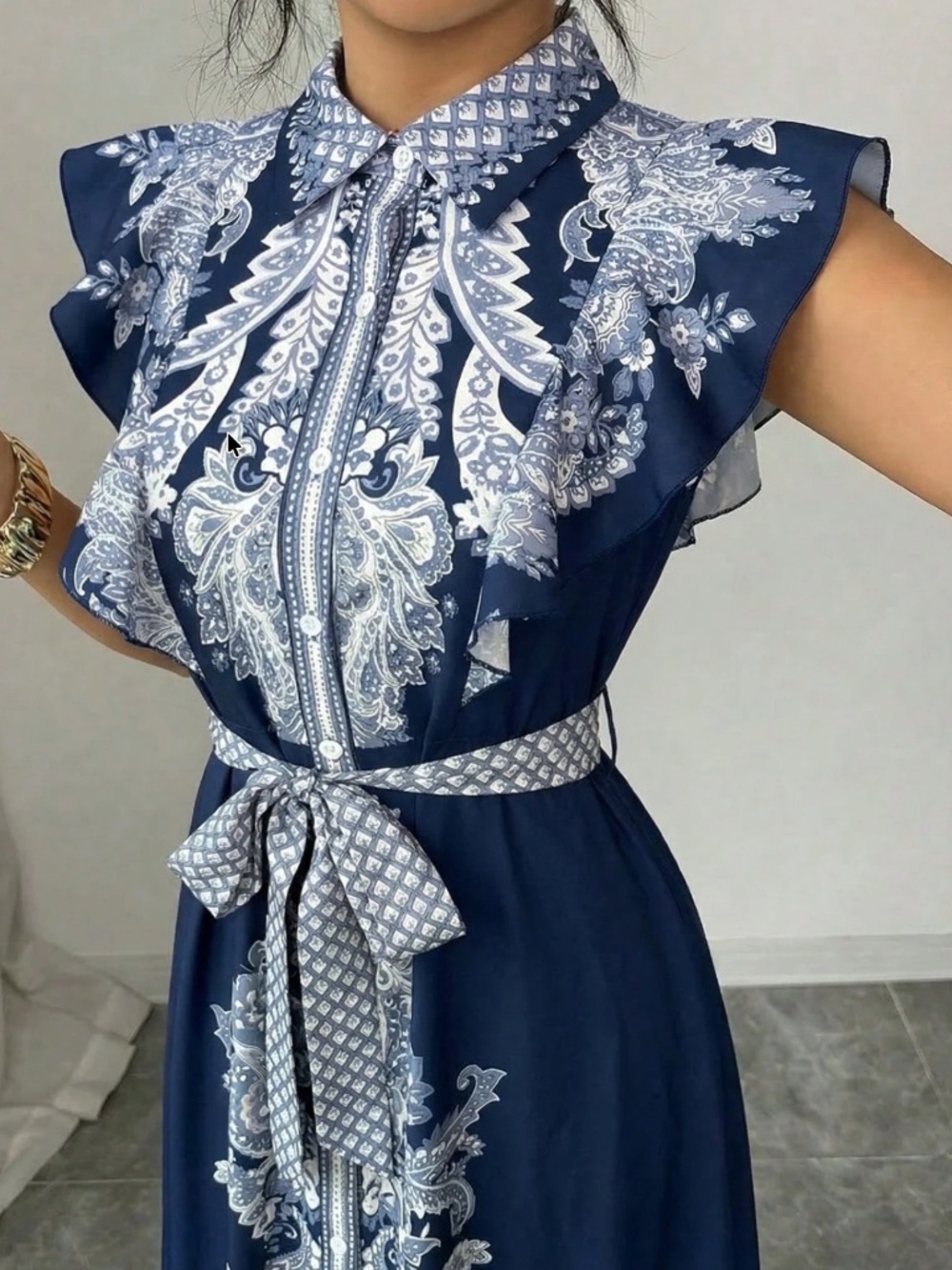 Boho Floral Print Button Down Ruffle Cap Sleeve Maxi Dress - Picture 3 of 4